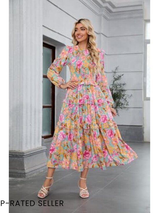 Flowy Boho Maxi Dress with Smocked Bodice and Puff Sleeves for Wedding Guest - Picture 3 of 7